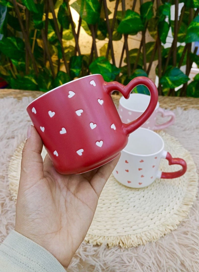 مج بورسلين أنيق باللون الأحمر مزين بنقوش قلوب بيضاء سعة 400 مل مع مقبض مريح وتصميم عملي للاستخدام اليومي - Image 5